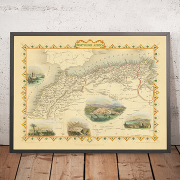 Mappa antica del Nord Africa di Tallis & Rapkin, 1851: Tunisi, Algeri, Costantina, Monti Atlante, Sahara 