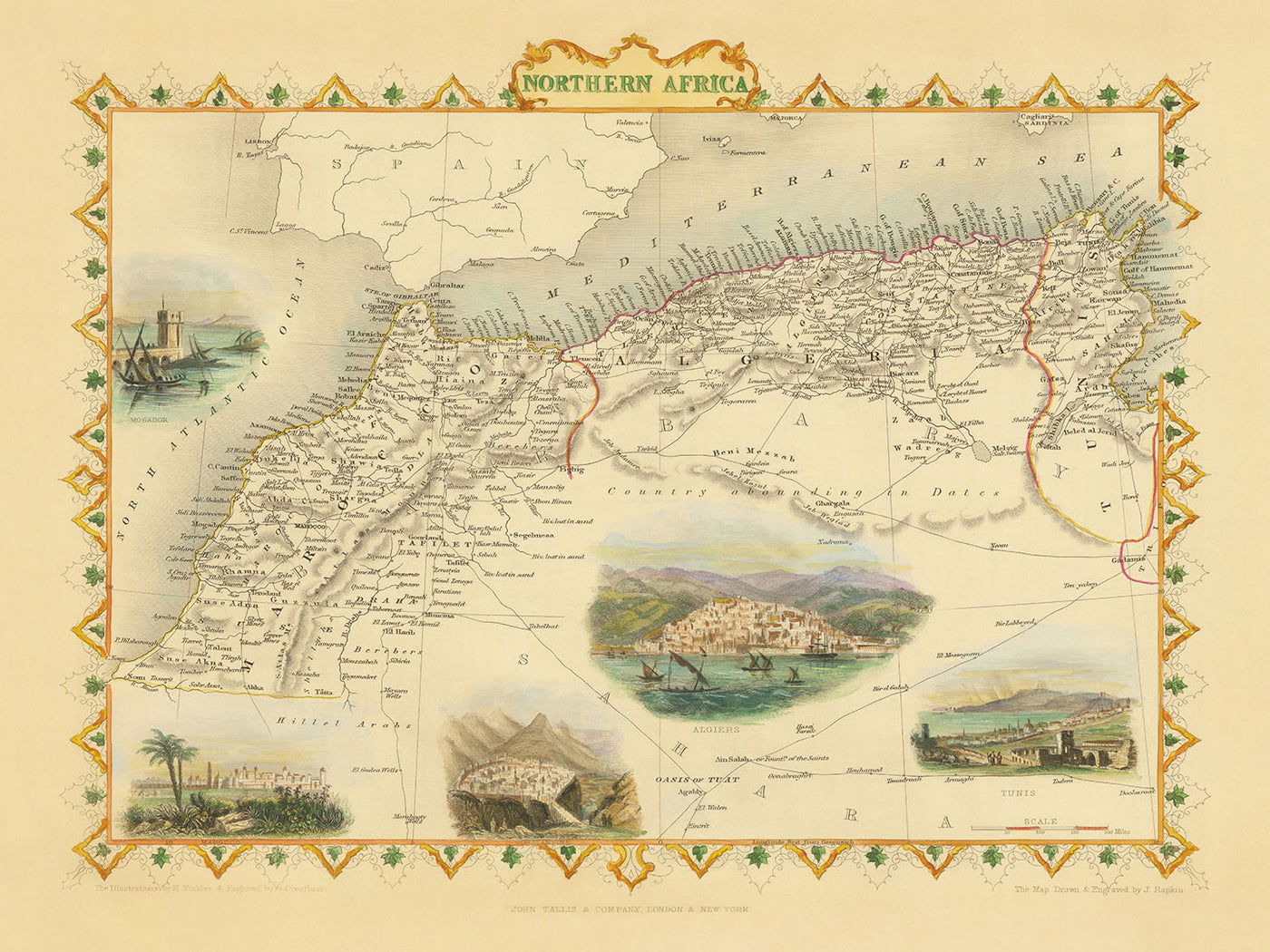 Old Map of Northern Africa by Tallis & Rapkin, 1851: Tunis, Algiers, Constantine, Atlas Mountains, Sahara