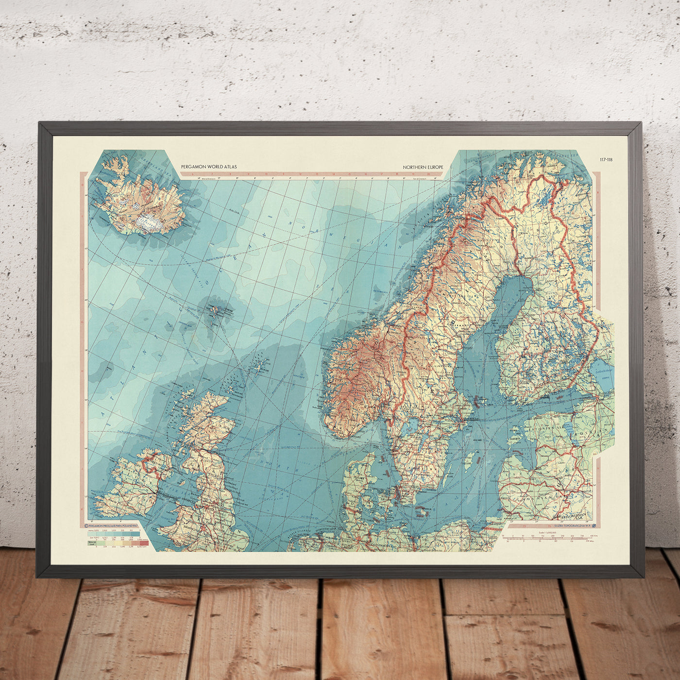 Alte Weltkarte von Nordeuropa vom polnischen Topographiedienst der Armee, 1967: Detaillierte politische und physische Karte von Skandinavien, Großbritannien und Island