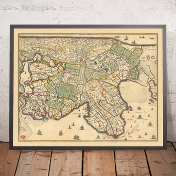 Mapa antiguo de Holanda Septentrional de Visscher, 1690: Amsterdam, Alkmaar, Hoorn, Beverwijk, Purmerend