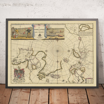 Mapa antiguo del Polo Norte por Pitt, 1680: Mapa inglés temprano, islas míticas, Frisland, Mapa de Zeno 