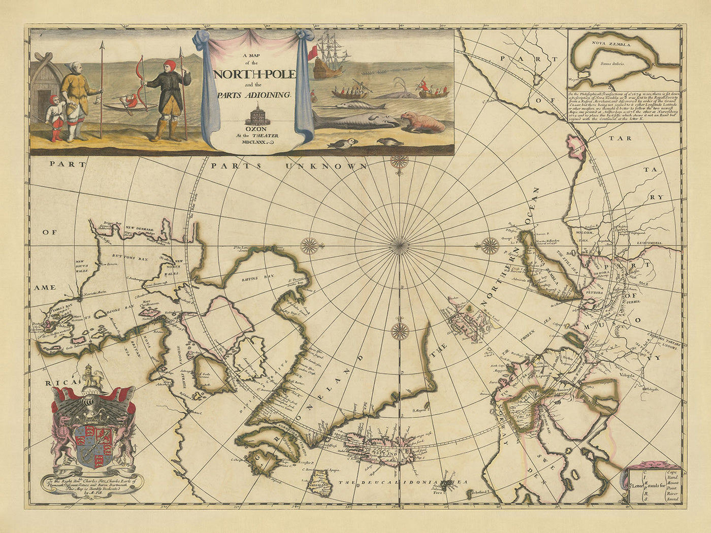 Old Map of the North Pole by Pitt, 1680: Early English Map, Mythical Islands, Frisland, Zeno Map