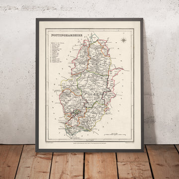 Mapa antiguo de Nottinghamshire por Samuel Lewis, 1844: Nottingham, Mansfield, Worksop, Newark, Retford