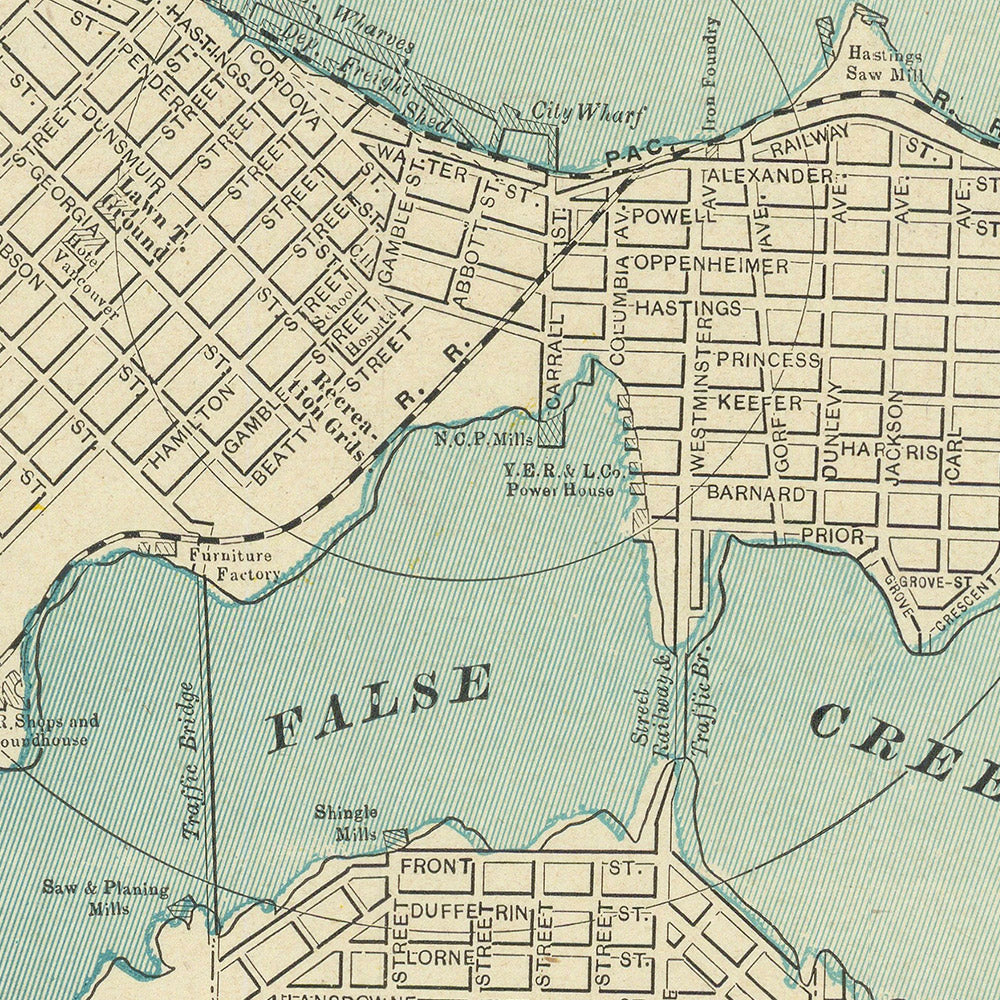 Mapa antiguo de la ciudad de Vancouver por Cram, 1895: Parque Stanley, Parque Hastings, False Creek, Entrada Burrard, Bahía Inglesa 