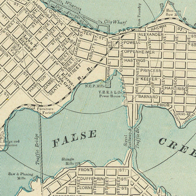 Mapa antiguo de la ciudad de Vancouver por Cram, 1895: Parque Stanley, Parque Hastings, False Creek, Entrada Burrard, Bahía Inglesa 