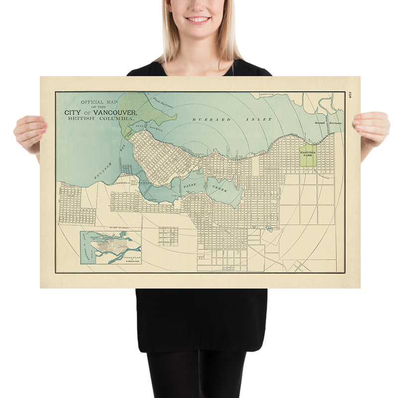 Mapa antiguo de la ciudad de Vancouver por Cram, 1895: Parque Stanley, Parque Hastings, False Creek, Entrada Burrard, Bahía Inglesa 