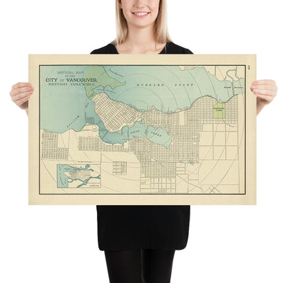 Mapa antiguo de la ciudad de Vancouver por Cram, 1895: Parque Stanley, Parque Hastings, False Creek, Entrada Burrard, Bahía Inglesa 