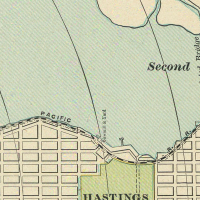 Mapa antiguo de la ciudad de Vancouver por Cram, 1895: Parque Stanley, Parque Hastings, False Creek, Entrada Burrard, Bahía Inglesa 