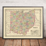 Old Map of Ohio by J. H. Colton, 1855: Cincinnati, Cleveland, Columbus, Dayton, and Toledo