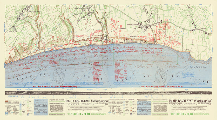 Alte Militärkarte der Omaha Beach D-Day Schlachtpläne, 1944: US-Armee, Colleville-sur-Mer, Vierville-sur-Mer, Strandhindernisse 