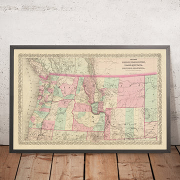 Antiguo mapa del noroeste del Pacífico por JH Colton, 1868: Portland, Seattle, Boise, Helena, Cheyenne