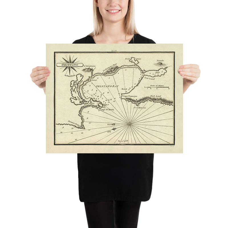 Vecchia Carta Nautica di Oristano di Heather, 1802: Sardegna, Stile Rococò, Profondità 