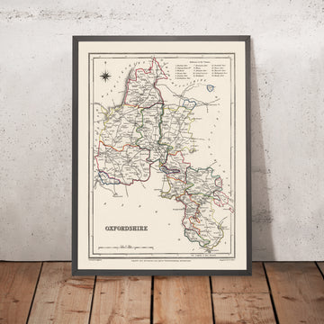 Alte Karte von Oxfordshire von Samuel Lewis, 1844: Oxford, Banbury, Abingdon, Bicester und Witney 