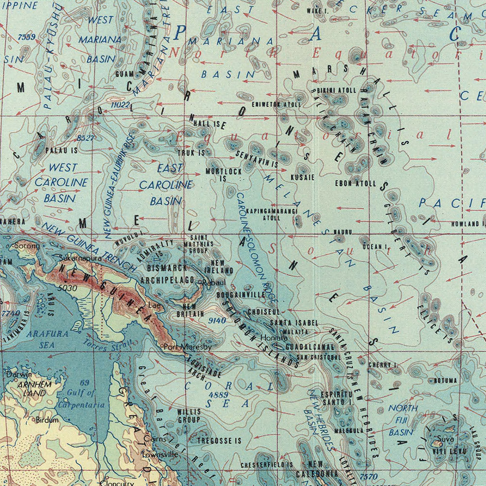 Alte Weltkarte Pazifik und Indischer Ozean vom polnischen Topographiedienst der Armee, 1967: Detaillierte politische und physische Karte, Mercator-Projektion, vor der Auflösung der Sowjetunion