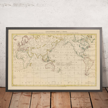 Antigua carta del mundo centrada en el Pacífico por Hogg, 1794: los viajes de Cook, Drake, Anson, centrada en Australia y Nueva Zelanda 