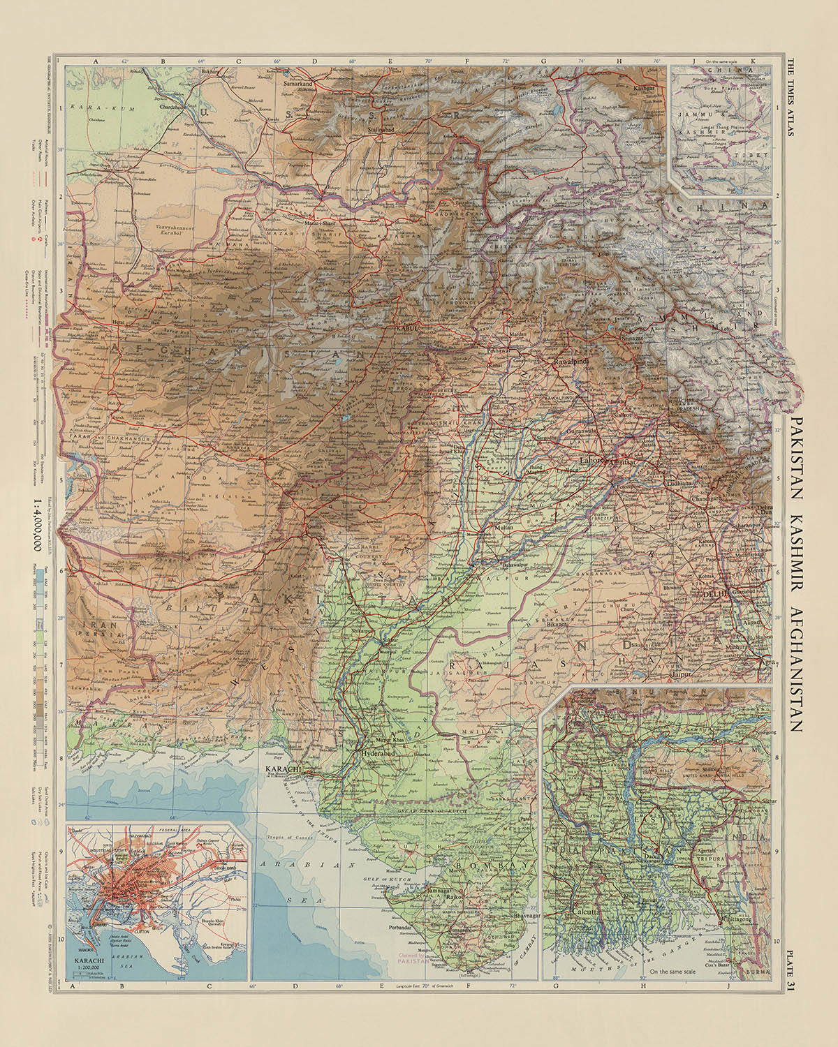 Ancienne carte du Cachemire, du Pakistan et de l'Afghanistan par Bartholomew, 1959 : Karachi, fleuve Indus, Hindu Kush, Kaboul, Lahore