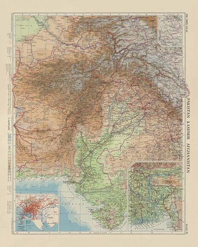 Alte Karte von Kaschmir, Pakistan und Afghanistan von Bartholomew, 1959: Karachi, Indus, Hindukusch, Kabul, Lahore