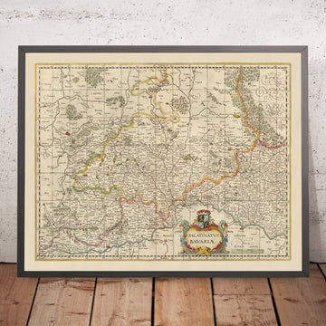 Antica mappa del Palatinato di Baviera di Visscher, 1690: Norimberga, Ingolstadt, Ratisbona, Erlangen, Area di Český les 