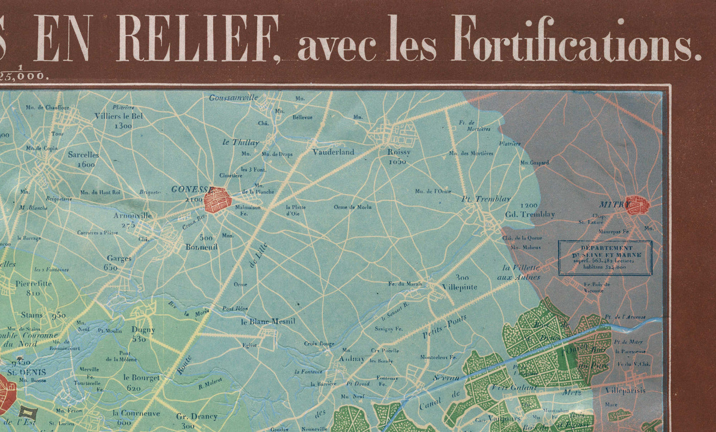 Antiguo mapa en relieve de París por Georg Bauerkeller en 1843 - Saint Denis, Argenteuil, Saint Germain Des Paris, Montmorency, Versalles