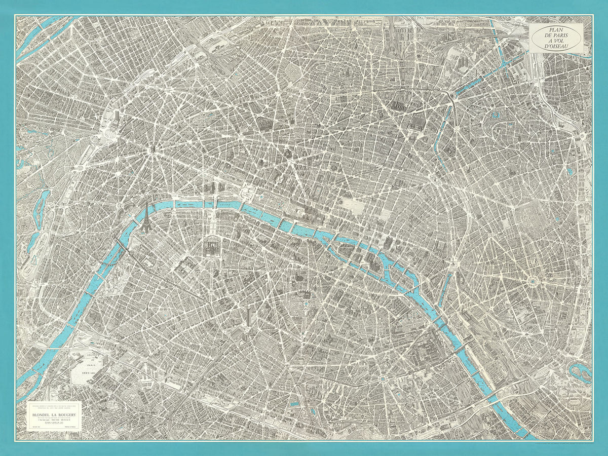 Antigua mapa Birdseye de París por Peltier & Chardon, 1974: Torre Eiffel, Notre-Dame, Louvre, Montmartre, Sena 