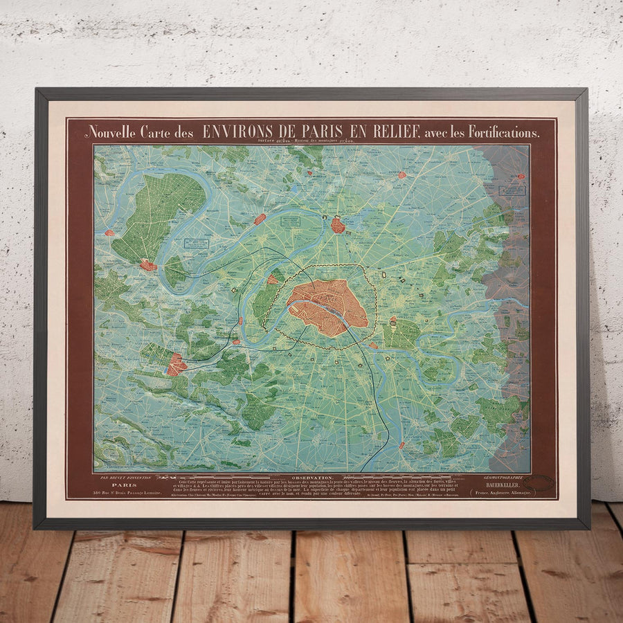 Mappa di rilievo antico di Parigi di Georg Bauerkeller nel 1843 - Saint Denis, Argenteuil, Saint Germain Des Paris, Montmorency, Versailles 