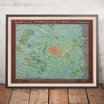 Antiguo mapa en relieve de París por Georg Bauerkeller en 1843 - Saint Denis, Argenteuil, Saint Germain Des Paris, Montmorency, Versalles