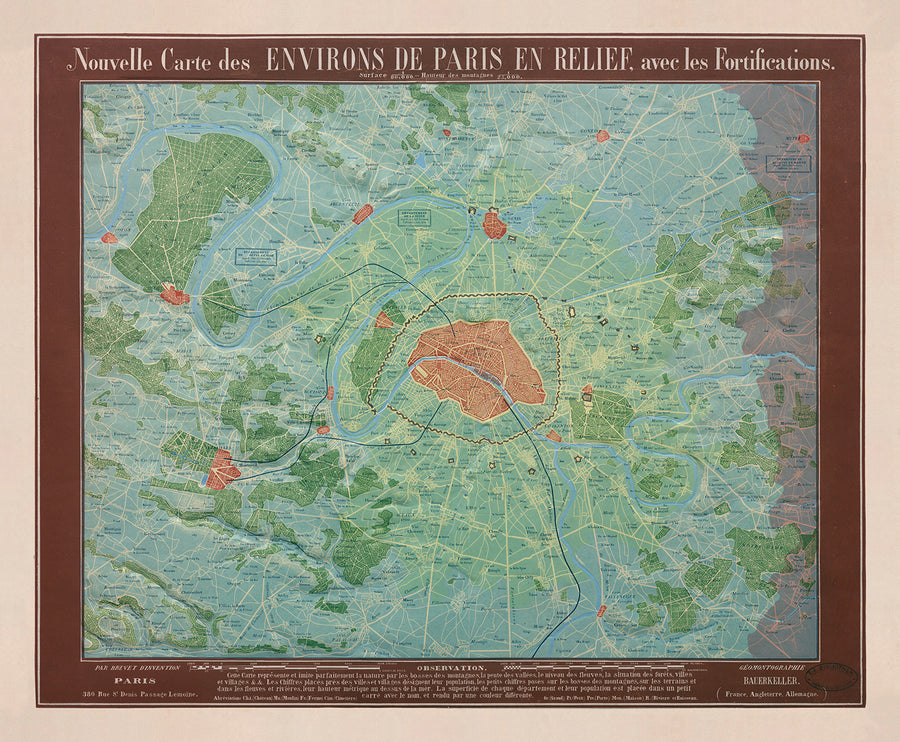 Mappa di rilievo antico di Parigi di Georg Bauerkeller nel 1843 - Saint Denis, Argenteuil, Saint Germain Des Paris, Montmorency, Versailles 