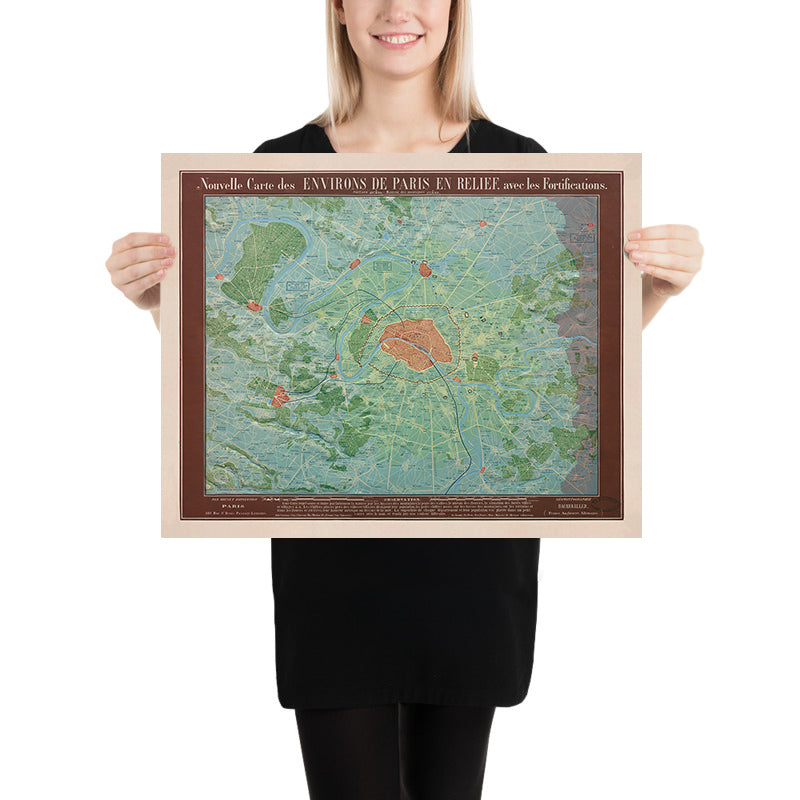 Mappa di rilievo antico di Parigi di Georg Bauerkeller nel 1843 - Saint Denis, Argenteuil, Saint Germain Des Paris, Montmorency, Versailles 