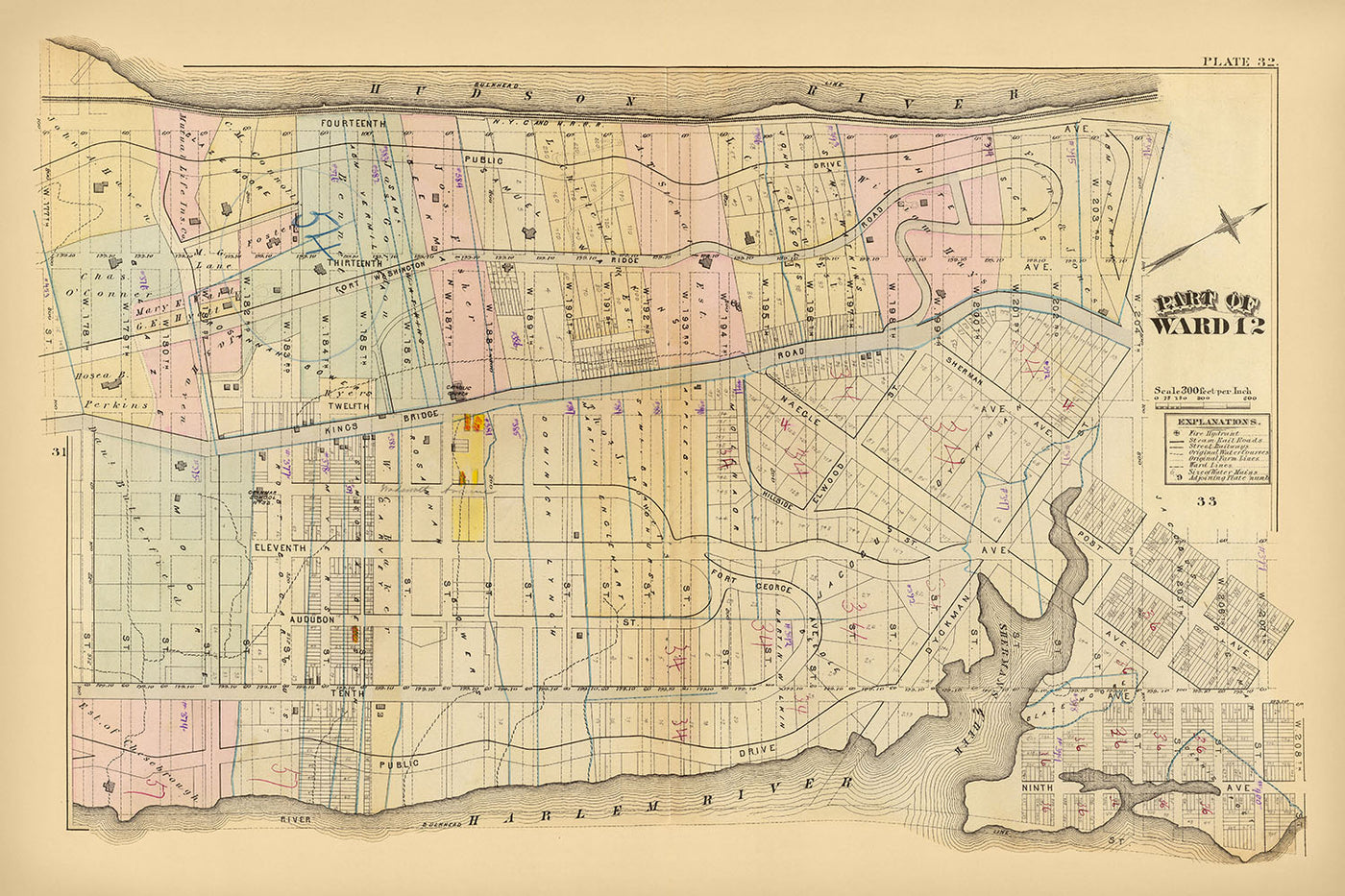 Carte de la vieille ville de New York par Bromley, 1879 : Harlem, Fort Washington, Fort George, Hudson River, Harlem River