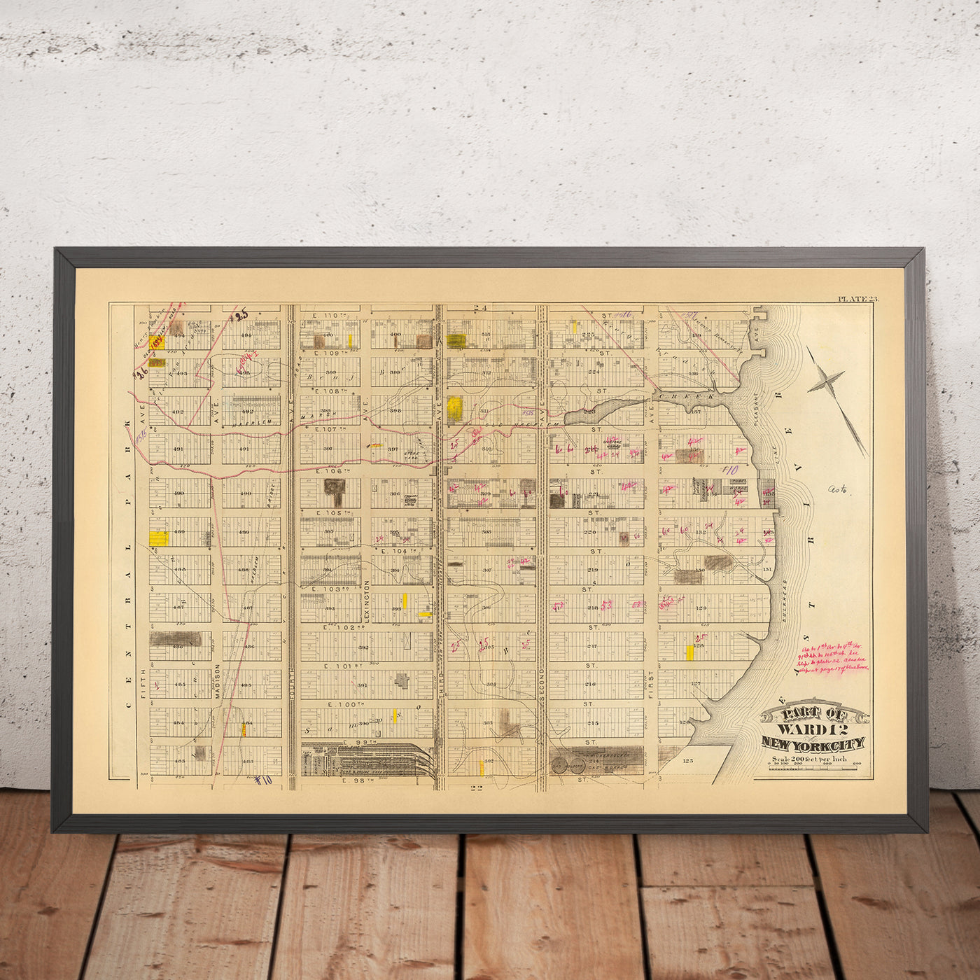 Mapa antiguo del Upper East Side, Nueva York, 1879: East 98th a East 110th St, Knickerbocker Gas Works y Original Farm Lines