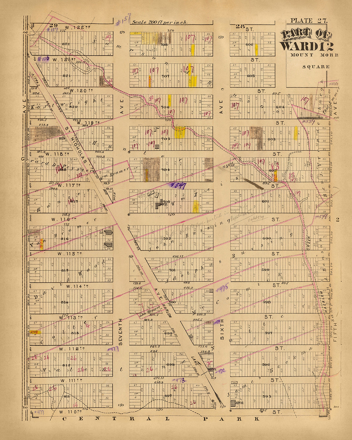 Alte Karte von New York City von Bromley, 1879: Central Park, 5th Ave, Lenox Ave, St. Nicholas Ave, 7th Ave