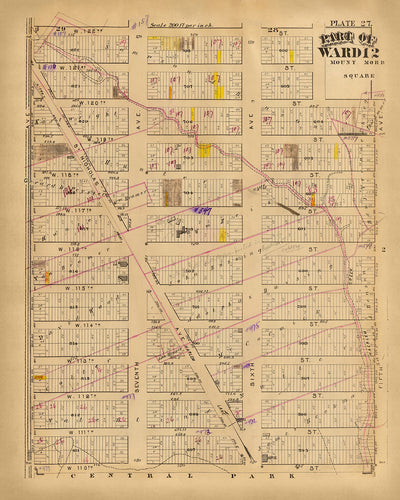 Mapa antiguo de la ciudad de Nueva York de Bromley, 1879: Central Park, 5th Ave, Lenox Ave, St. Nicholas Ave, 7th Ave