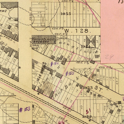 Old Map of Harlem, NYC by Bromley, 1879: Riverside Park, Convent, Broadway, Railroads, Amsterdam Ave