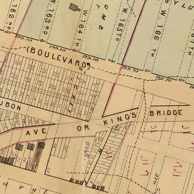 Ancienne carte de la ville de New York par Bromley, 1879 : rivière Hudson, rivière Harlem, High Bridge, Fort Washington, parc Audubon