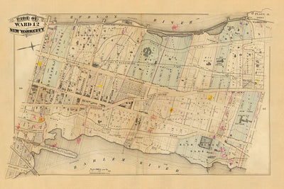 Ancienne carte de la ville de New York par Bromley, 1879 : rivière Hudson, rivière Harlem, High Bridge, Fort Washington, parc Audubon