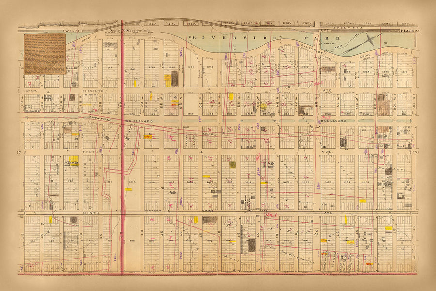 Mappa antica della Upper West Side, NYC, 1879: Riverside Park, da West 81st a West 101st Street 