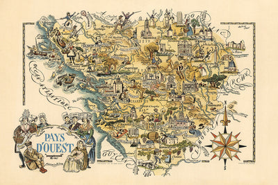 Old Pictorial Map of Poitou-Charentes by Liozu, 1951: La Rochelle, Poitiers, Angoulême, Marais Poitevin