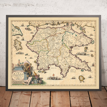 Vecchia mappa del Peloponneso, Grecia di Visscher, 1690: Patrasso, Zante, Kalamata, Nafplio, Isole Saroniche 