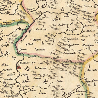 Mapa antiguo del Peloponeso, Grecia por Visscher, 1690: Patras, Zante, Kalamata, Nafplion, Islas Sarónicas