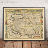 Ancienne carte rare de l'Empire perse par Speed, 1627 : Iran, Moyen-Orient, Terre Sainte, Spaha, Ormus, Gilan 