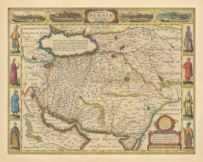 Antiguo mapa raro de Irán por Speed, 1627: Mar Caspio, Golfo Pérsico, Spaha, Ormus, Gilan