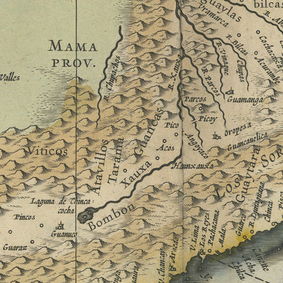 Alte Karte von Peru von Blaeu, 1630: Lima, Anden, Seeungeheuer, Kompassrose, dekorative Kartusche