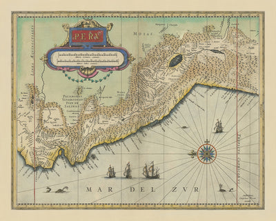Mapa antiguo del Perú de Blaeu, 1630: Lima, Andes, monstruos marinos, rosa de los vientos, cartela decorativa