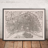 Vecchia mappa Birdseye di Lima di Ulloa, 1748: Fortificazioni, Fiume, Ponti, Blocchi della città, Cartigli 