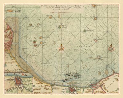 Antigua carta náutica de Batavia de van Keulen, 1778: Batavia, isla Onrust, Mil Islas