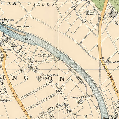 Ancienne carte de Londres, 1900 : Bushy Park, Richmond Park, Ham Common, Kingston, Twickenham