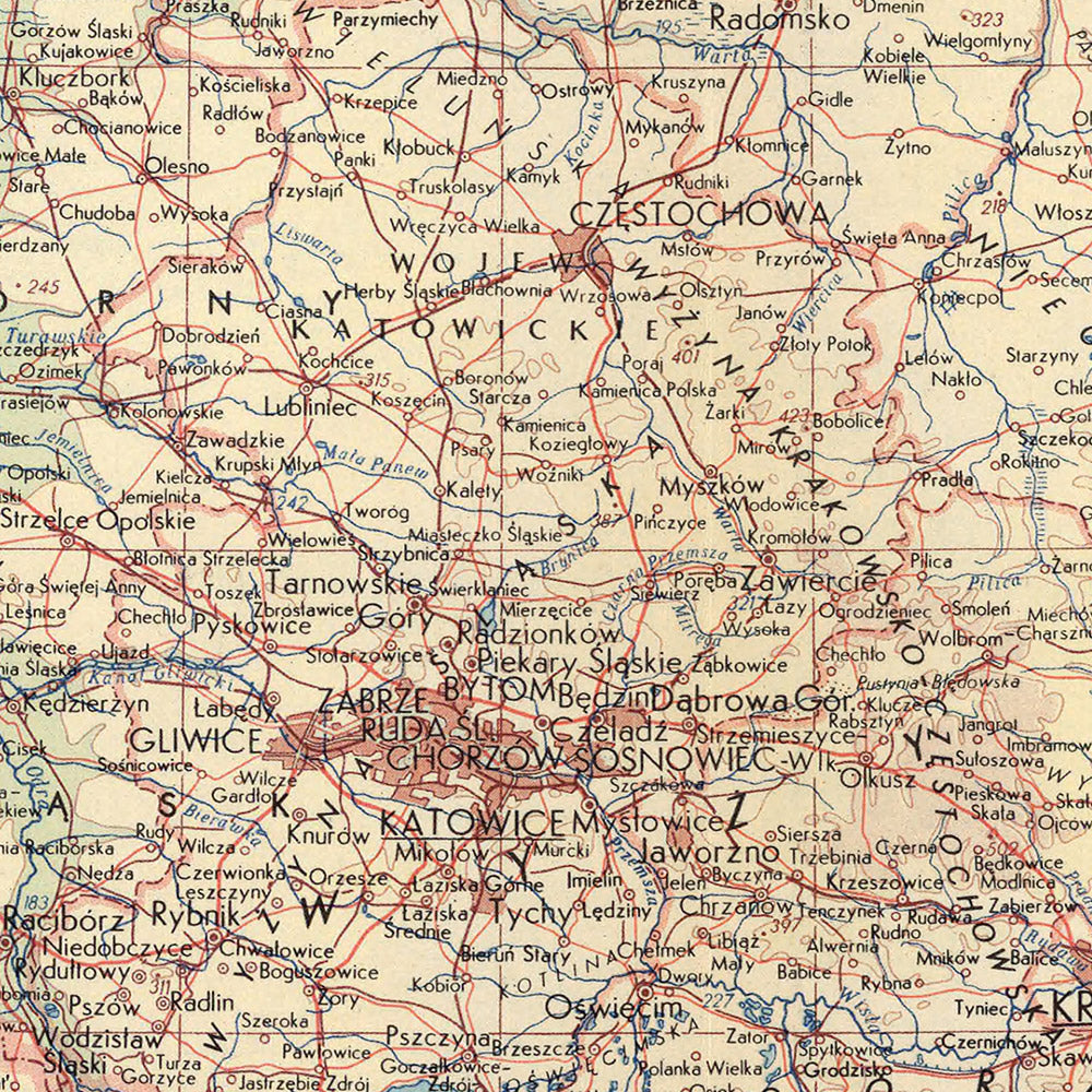Ancienne carte de la Pologne, 1967 : Varsovie, Cracovie, Lodz, Vistule, Carpates