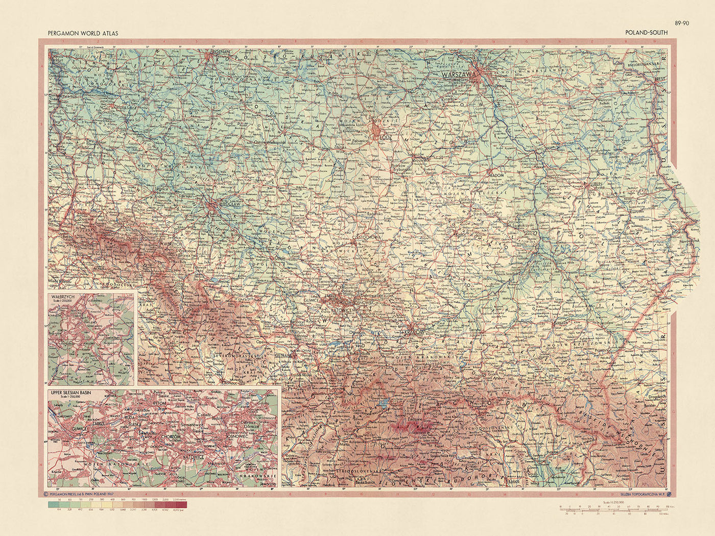 Alte Karte von Polen, 1967: Warschau, Krakau, Lodz, Weichsel, Karpaten