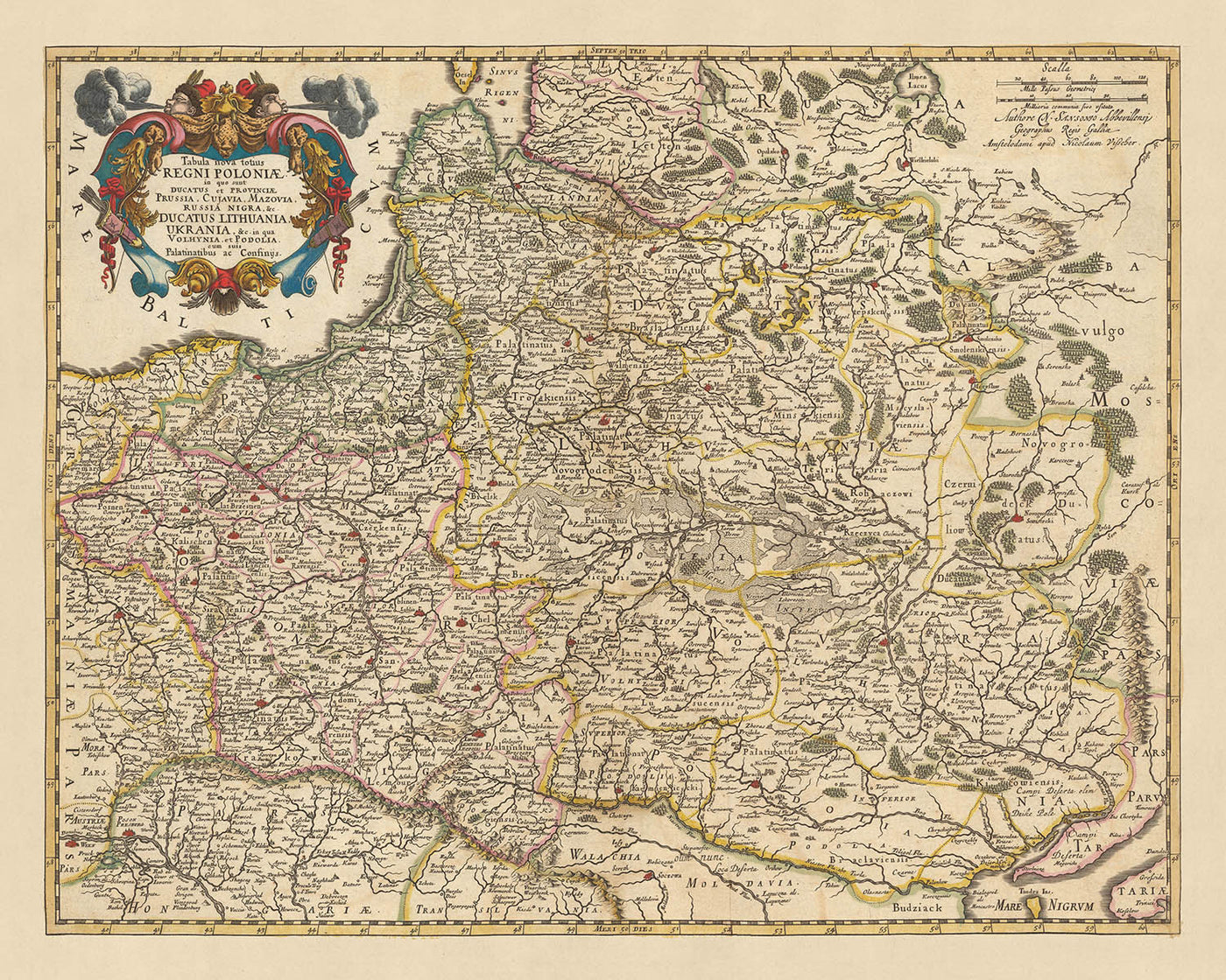 Alte Karte von Polen von Visscher, 1690: Warschau, Vilnius, Minsk, Wien, Kiew