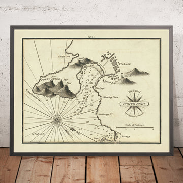 Antica mappa nautica di Portofino di Heather, 1802: Riviera Italiana, Villaggio, Forti, Fondali 